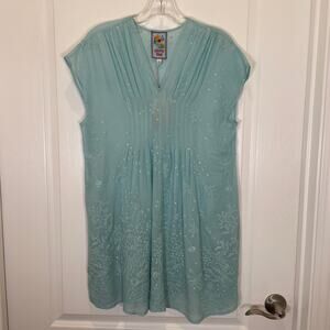 Johnny‎ Was Seafoam Green Mini Dress Embroidered Floral Vneck S